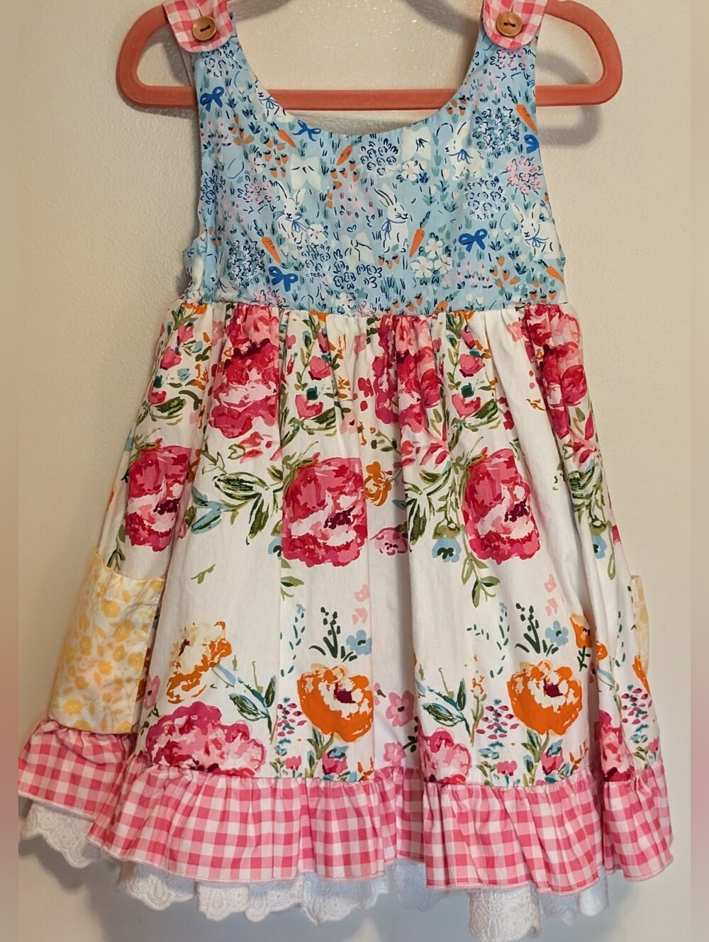SweetHoney Girls Floral Patchwork Boutique Dress Size 5Y Pink Gingham Pockets